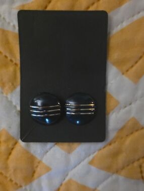 Navy Round Stripe Button Earrings
